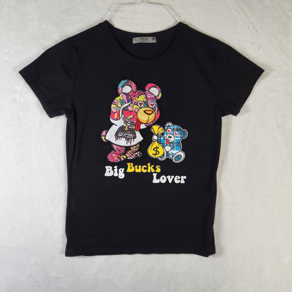 REDFOX Big Bucks Lover Graphic Print T-Shirt Women's Medium Black Bear‎